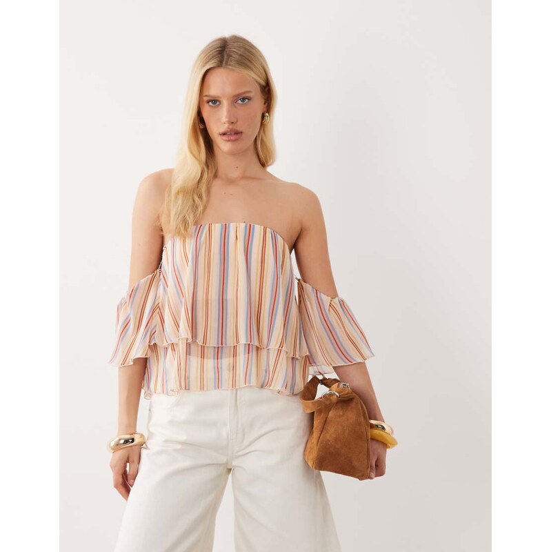 Mango off the shoulder ruffle detail blouse in pink and beige
