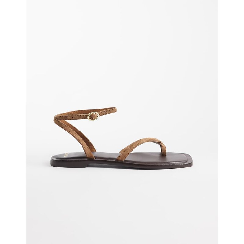 Mango 100% suede leather strappy flat sandal in brown