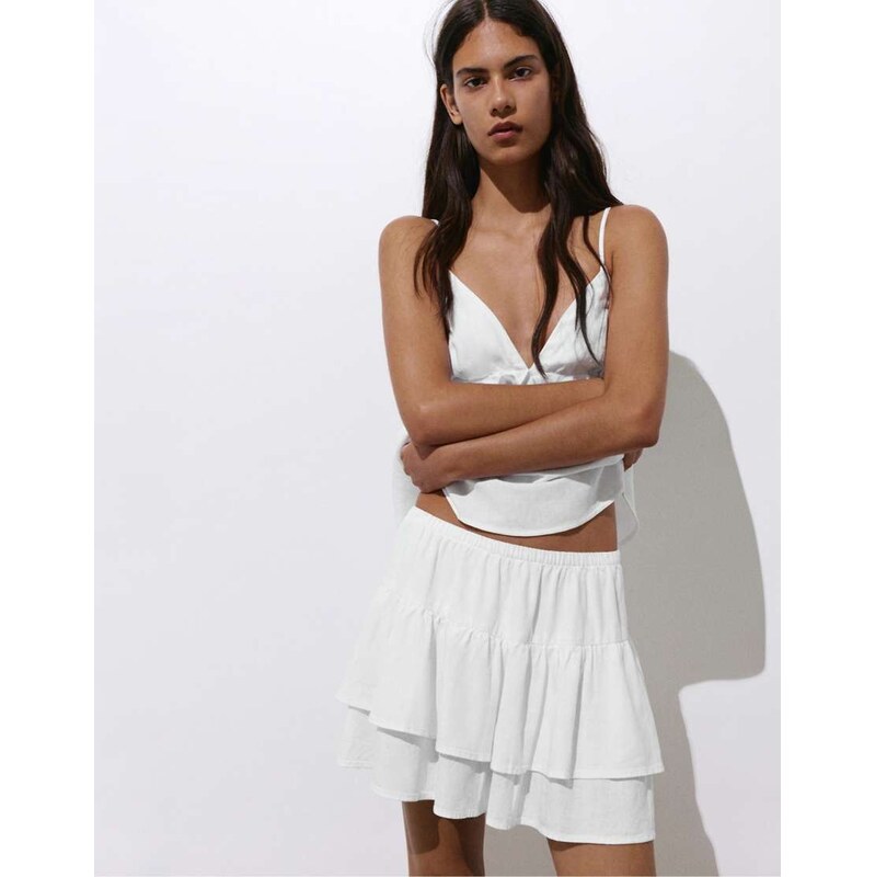 Pull&Bear Ruffled mini skirt with linen in white 115733742