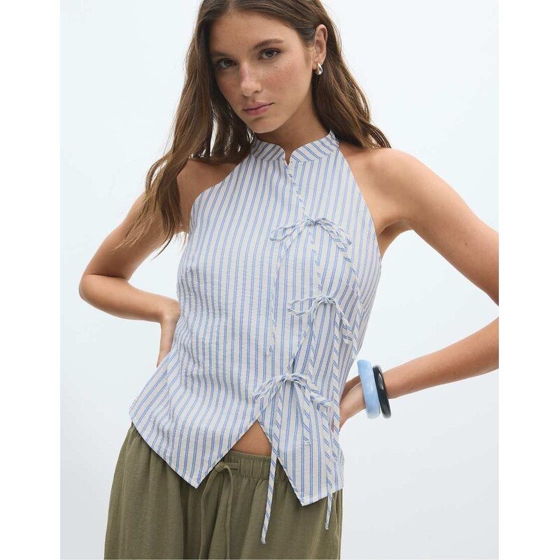 Stradivarius Semi-wrinkled knot qipao halter top in blue