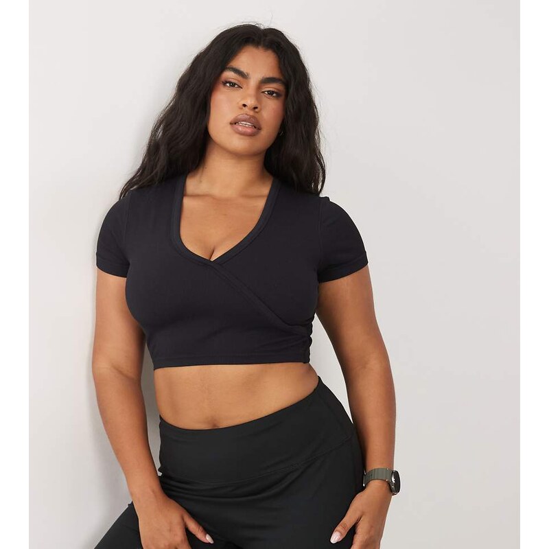 4505 Curve seamless baby rib wrap front short sleeve top in black 115715581