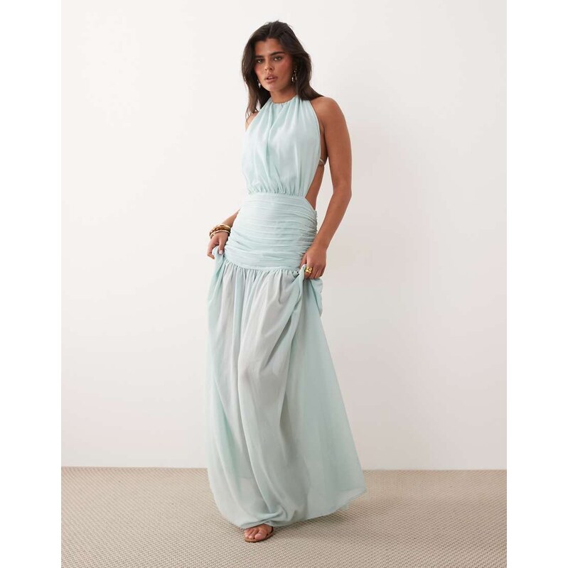 Noughts & Kisses halterneck pleated cinch waist sheer hem maxi dress 115715714