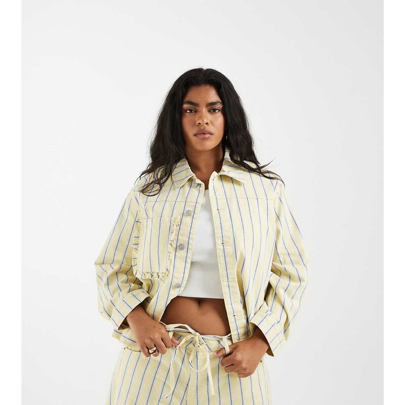 Pieces Plus Pieces Curve denim jacket co-ord in yellow and blue stripe 115715771
