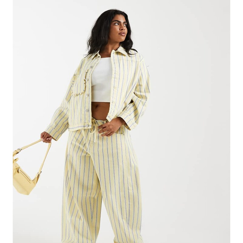 Pieces Plus Pieces Curve barrel jean co-ord in yellow and blue stripe 115715772