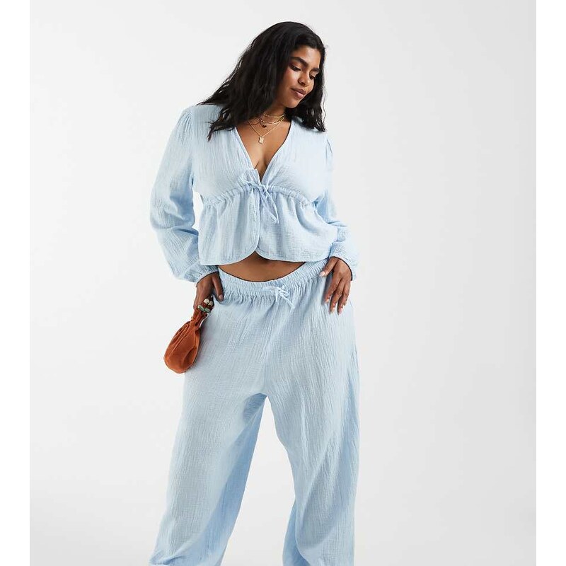 Pieces Plus Pieces Curve crinkle cotton wide leg trousers co-ord in 115715829