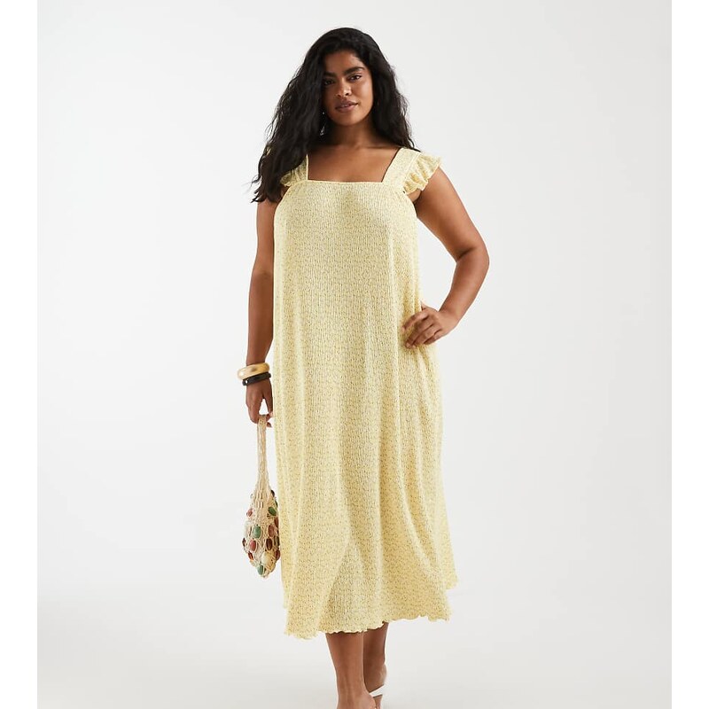 Pieces Plus Pieces Curve plisse maxi dress with frill sleeves in