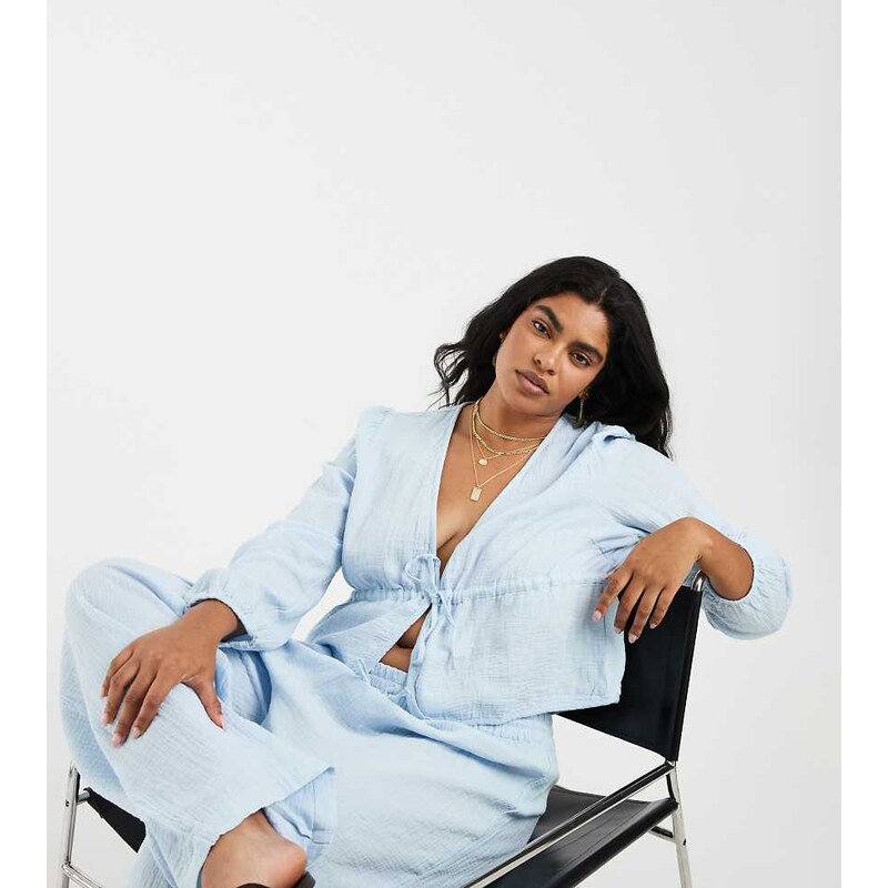 Pieces Plus Pieces Curve crinkle cotton tie front long sleeve top co 115715833