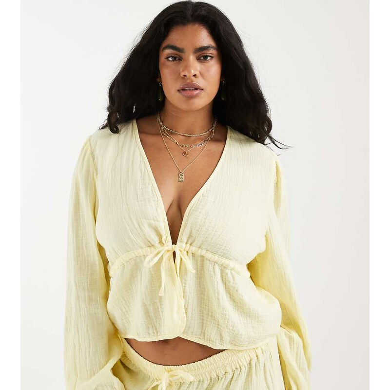 Pieces Plus Pieces Curve crinkle cotton tie front long sleeve