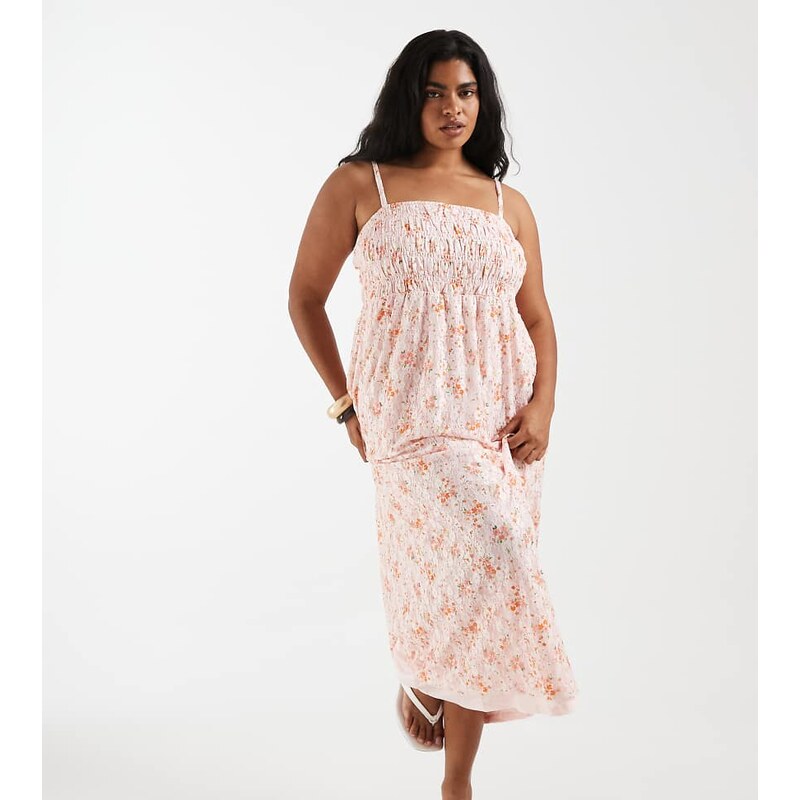 Pieces Plus Pieces Curve smocked lace cami maxi dress in pink ditsy 115715852