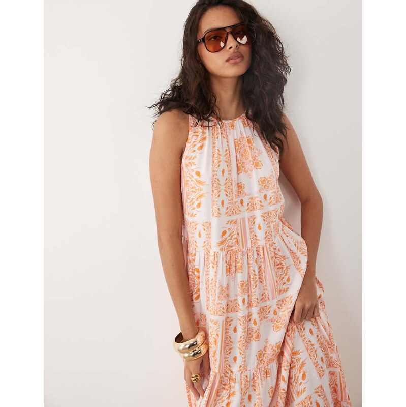 YAS sleeveless smock tiered hem maxi dress in orange tile print 115715871