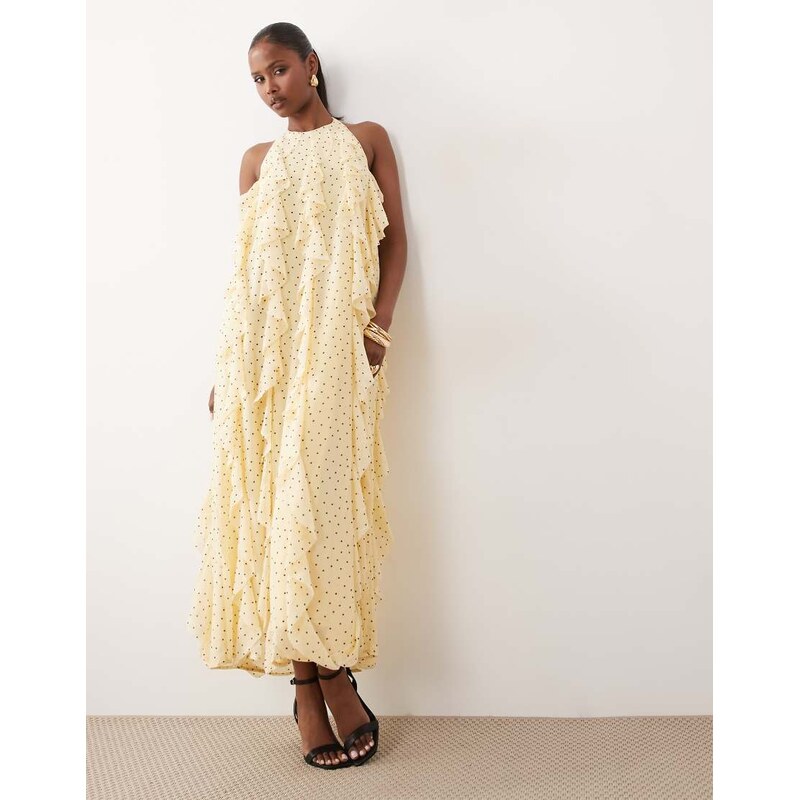 YAS halter neck ruffle maxi dress in pale yellow polka dot 115715872