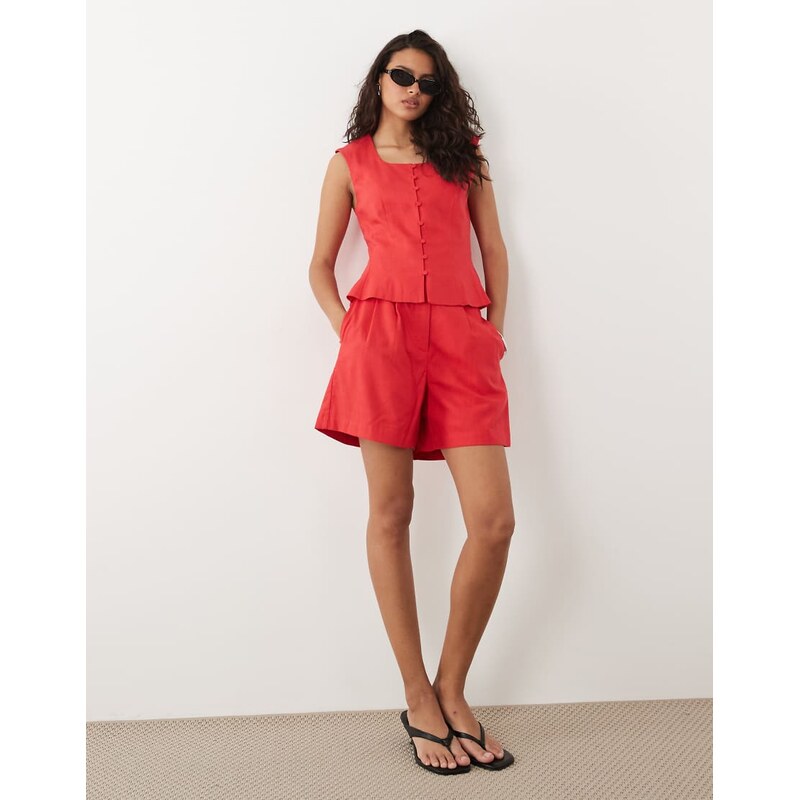 YAS linen touch high waist pleated shorts co-ord in poinsettia red 115715873