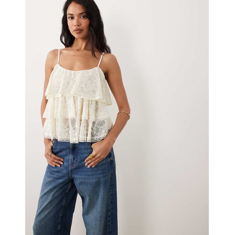 Gina Tricot lace frill singlet top in white