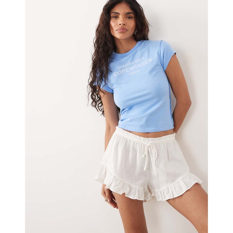 Gina Tricot pull on linen blend frill shorts in white 115715905