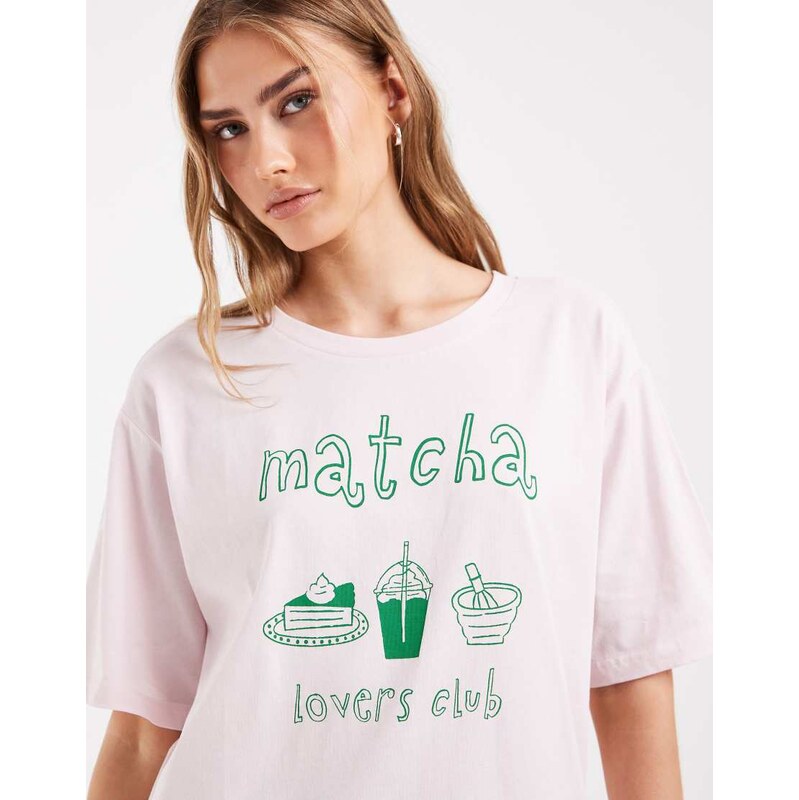 ONLY oversized t-shirt with matcha print in baby pink 115715930