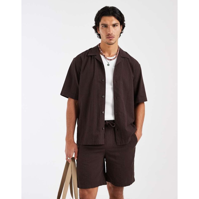 ONLY & SONS relaxed fit seersucker shirt with resort collar co