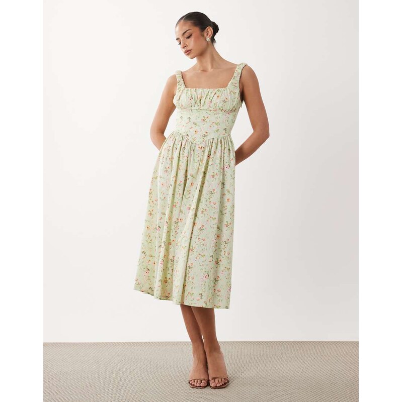 Gina Tricot corset midi dress in green flower print 115716046