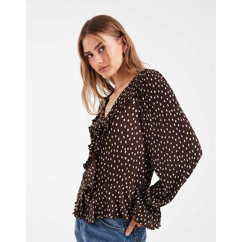 ONLY frill details blouse in brown polka dot 115716074