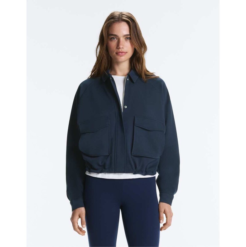 OYSHO Piqué cotton v-neck raglan sleeve jacket in navy 115716203