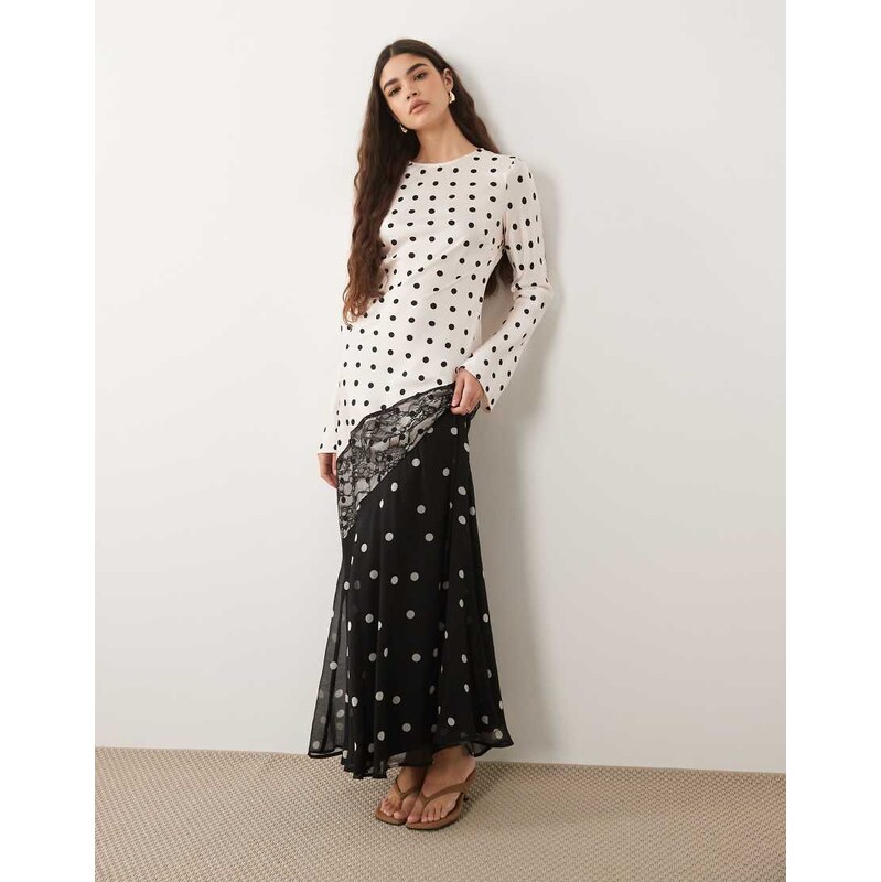 ASOS DESIGN satin maxi dress with lace trim in mono polka dot