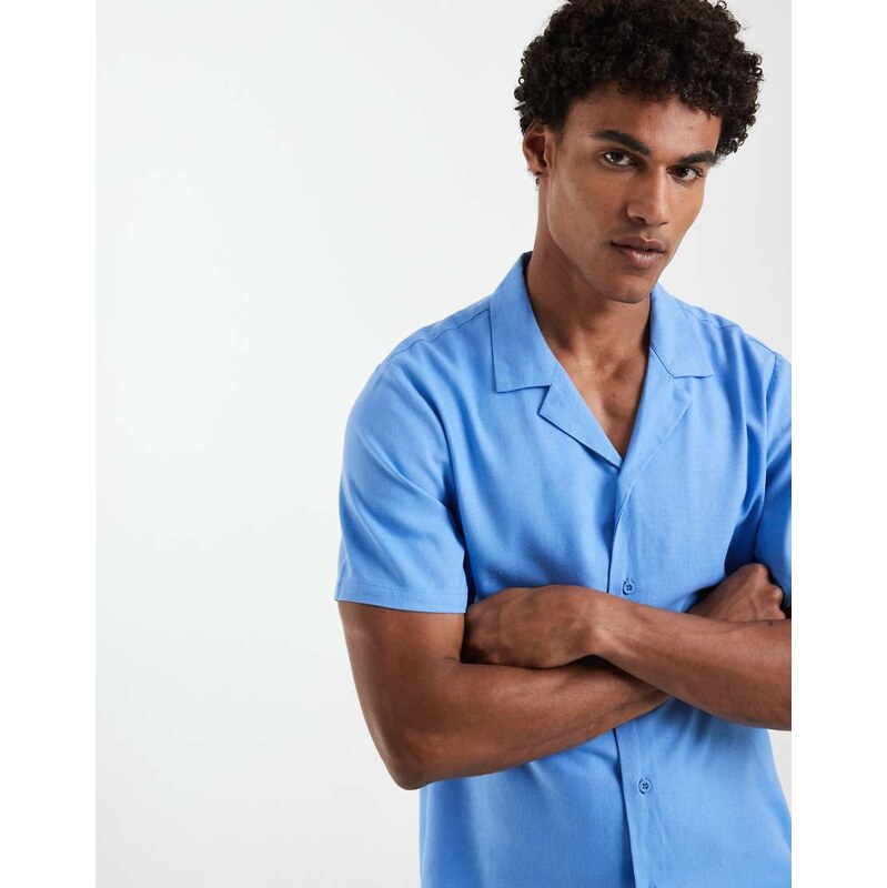 South Beach short sleeve linen blend shirt in mid blue