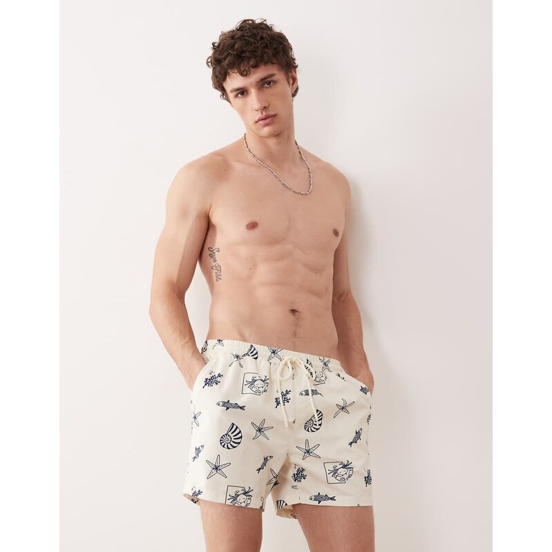 South Beach ocean scene print swim short in cream-White