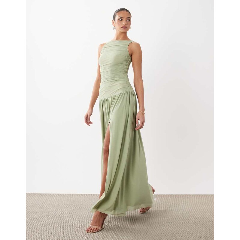 Rare London premium slinky mesh ruched split front maxi dress in