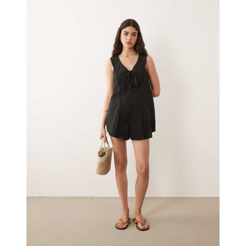 ASOS DESIGN v neck playsuit with lace trims in black