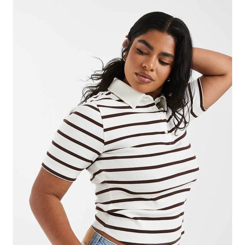 ASOS Curve ASOS DESIGN Curve ribbed shrunken polo top in choc &