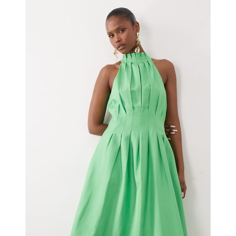 Forever New pleat detail halter midi dress in green 115715636