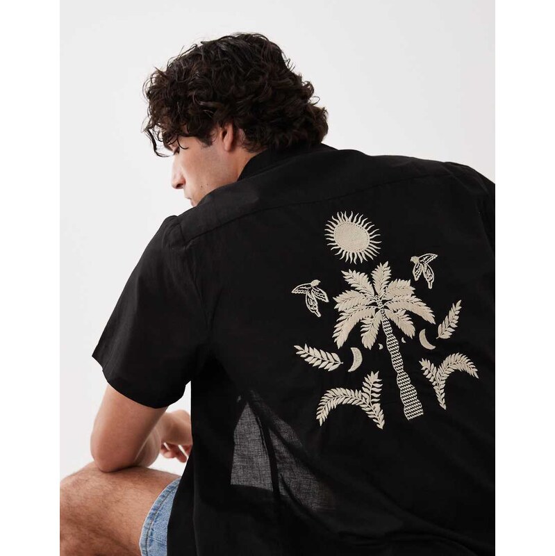 South Beach embroidered back print shirt in black