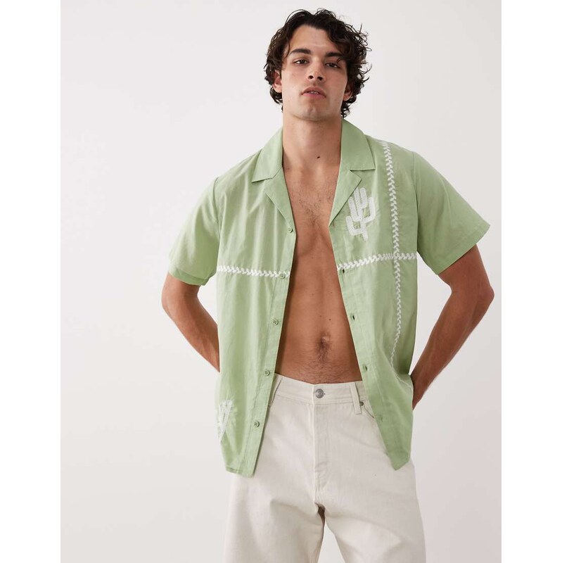 South Beach embroidered cactus beach shirt in khaki-Green