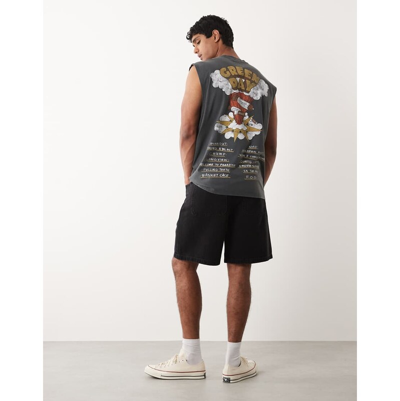 ASOS DESIGN oversized tank with Green day print in washed black