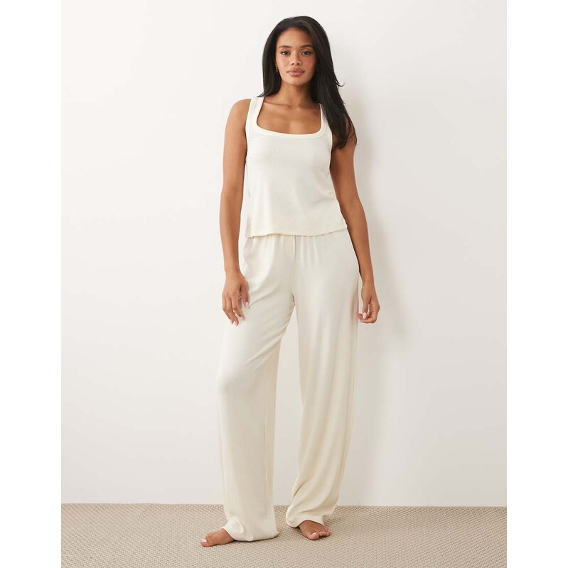 ASOS DESIGN mix & match rib wide leg trouser in ivory-White