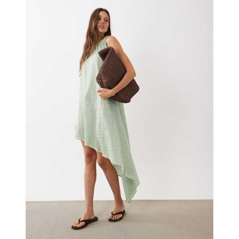 ASOS DESIGN asymmetric hem volume mini dress in green stripe