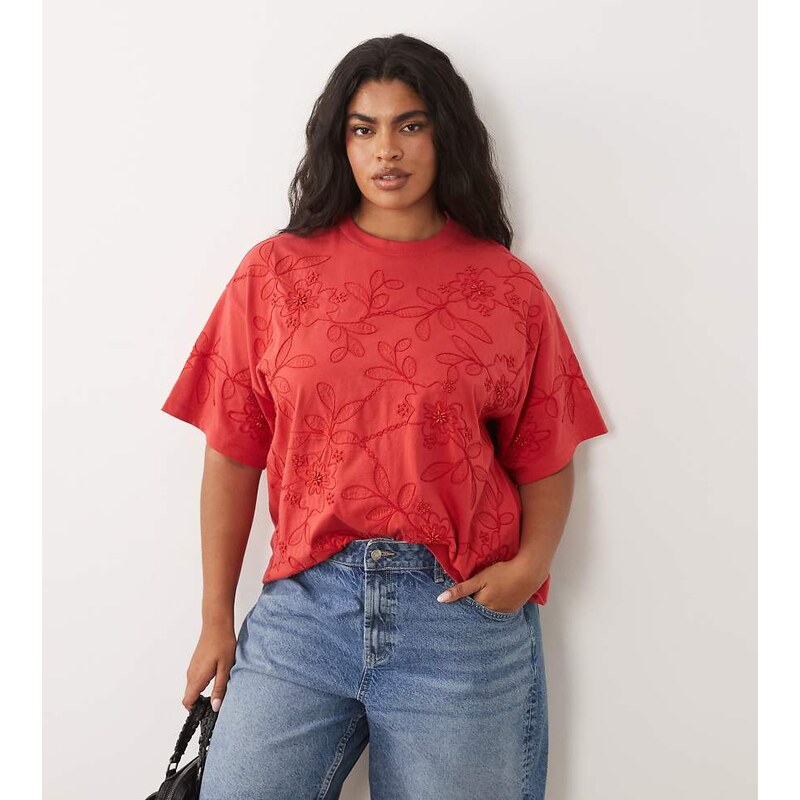 ASOS Curve ASOS DESIGN Curve boxy tee with embellished beaded flowers 115715698