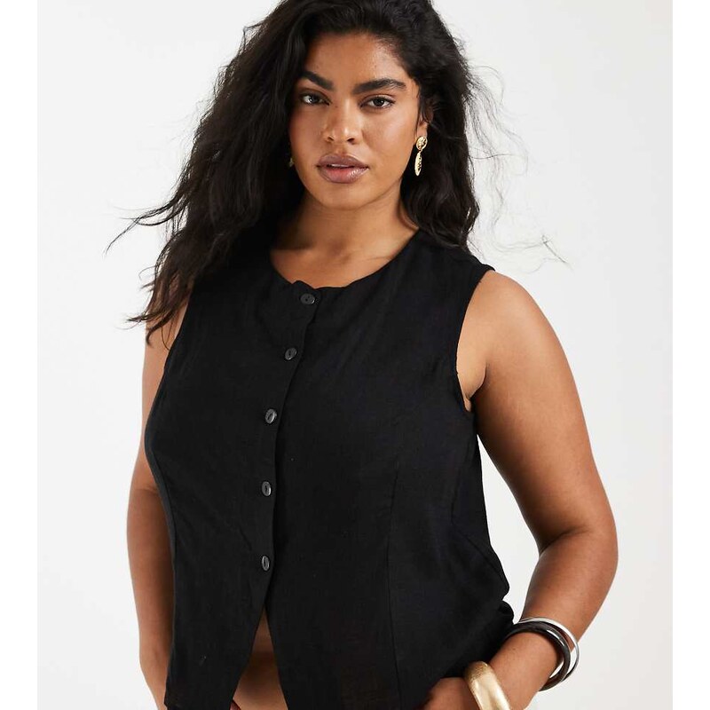 Noisy May Curve linen mix waistcoat in black