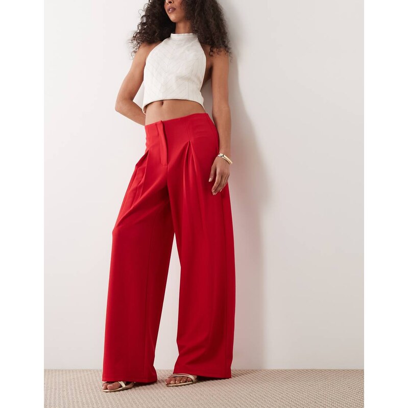 ASOS DESIGN slinky twill tailored slouchy wide leg trouser in red 115715764