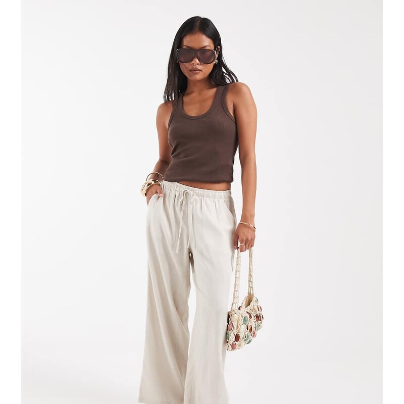 Vero Moda Petite linen touch wide leg trouser with drawstring waist in 115715786