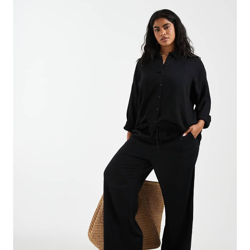 Vero Moda Curve linen touch wide leg trouser with drawstring waist in 115715787