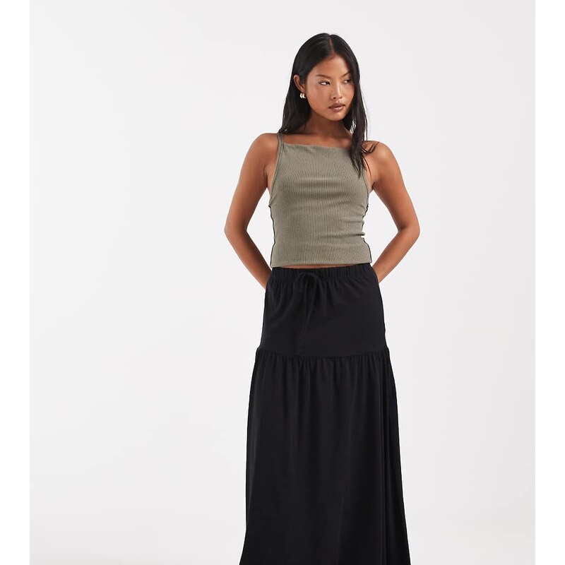 Vero Moda Petite tie waist jersey tiered boho maxi skirt in black 115715794