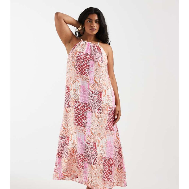 Vero Moda Curve high neck trapeze midi dress in pink paisley patchwork 115715800