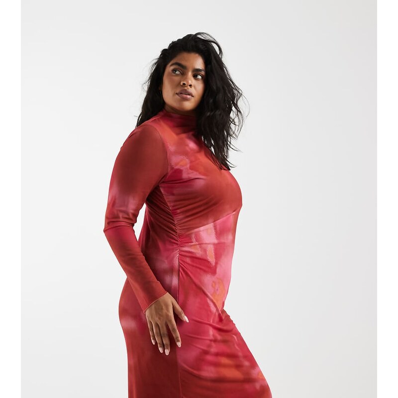 Vero Moda Curve long sleeve drapey mesh maxi dress in pink and orange 115715804