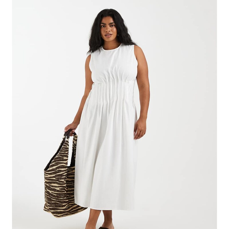 Vero Moda Curve poplin pleated waist sleeveless midi dress in white 115715802
