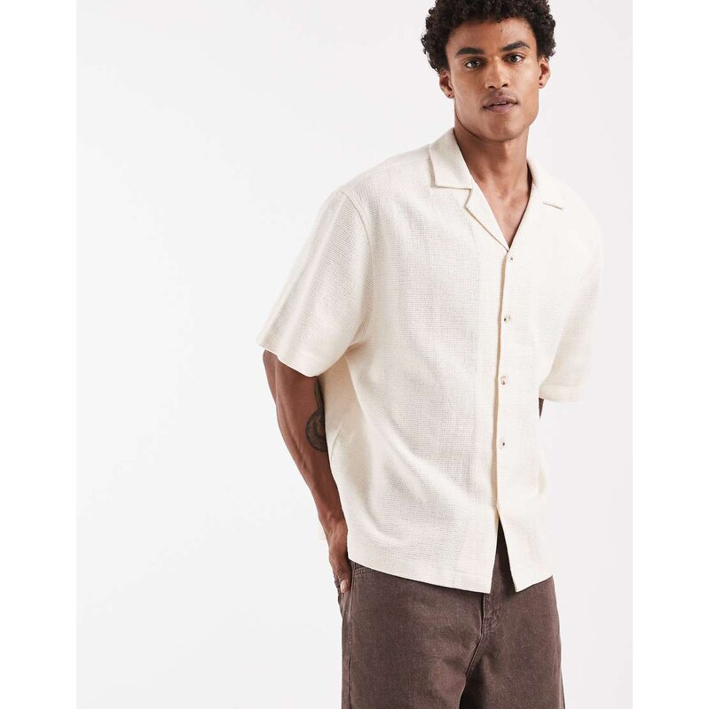 ASOS DESIGN boxy oversized revere basket textured shirt in ecru