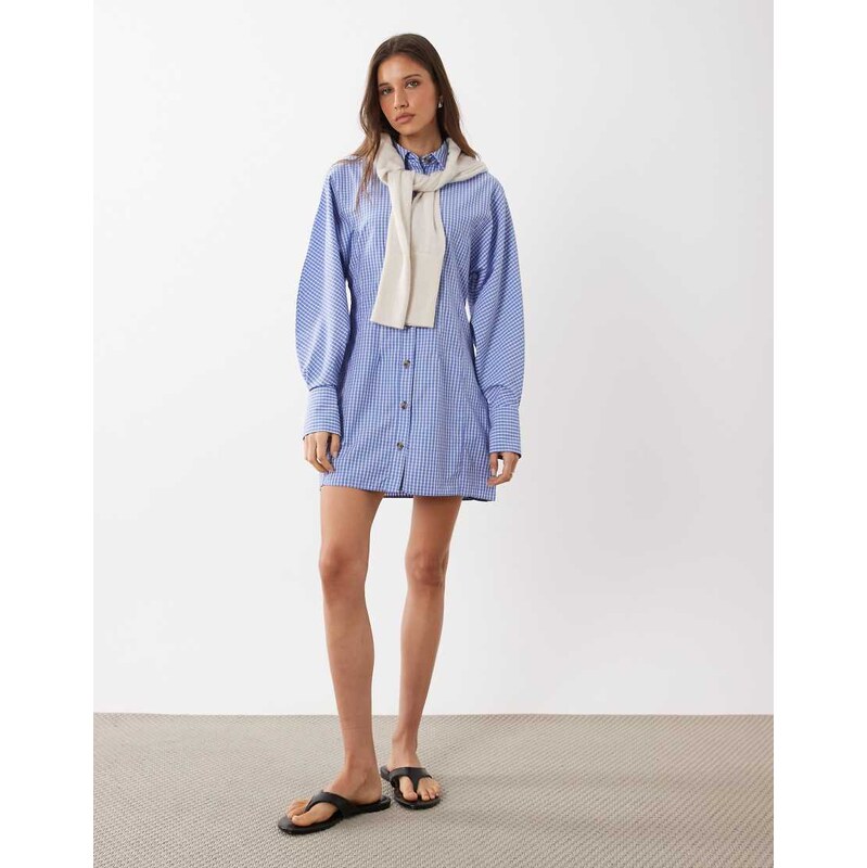 ASOS DESIGN mini shirt dress with cinched waist in navy gingham