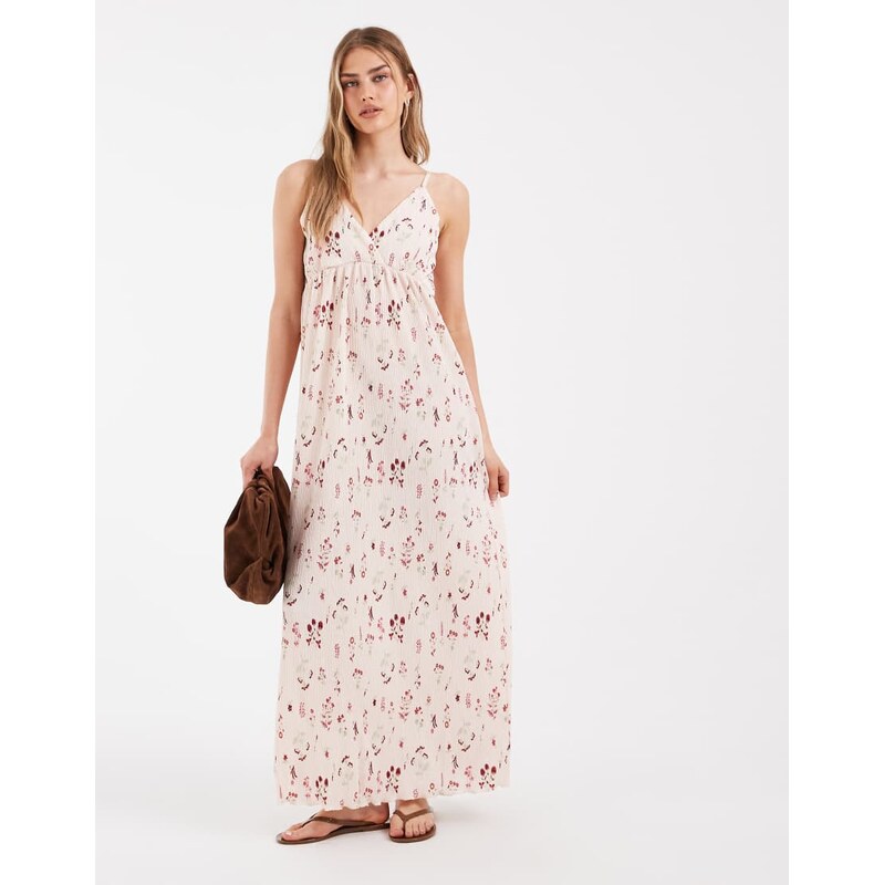 Pieces wrap detail cami plisse maxi dress in pale pink floral