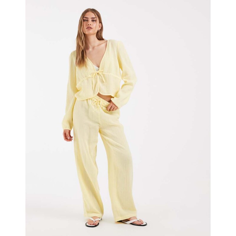 Pieces crinkle cotton wide leg trousers co-ord in pastel yellow 115715818