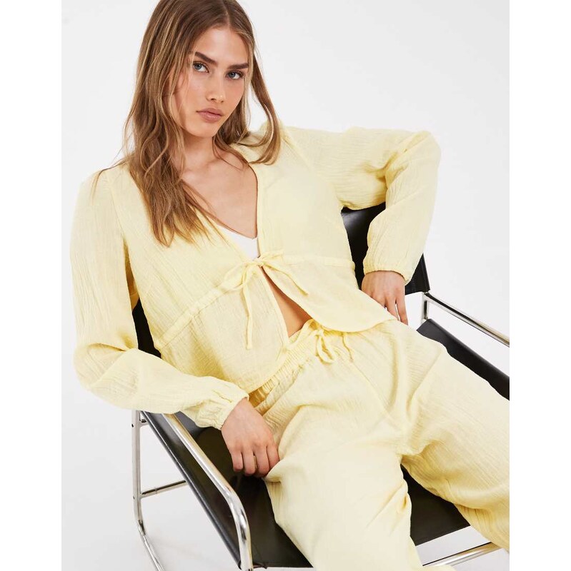 Pieces crinkle cotton tie front long sleeve top co-ord in pastel 115715828