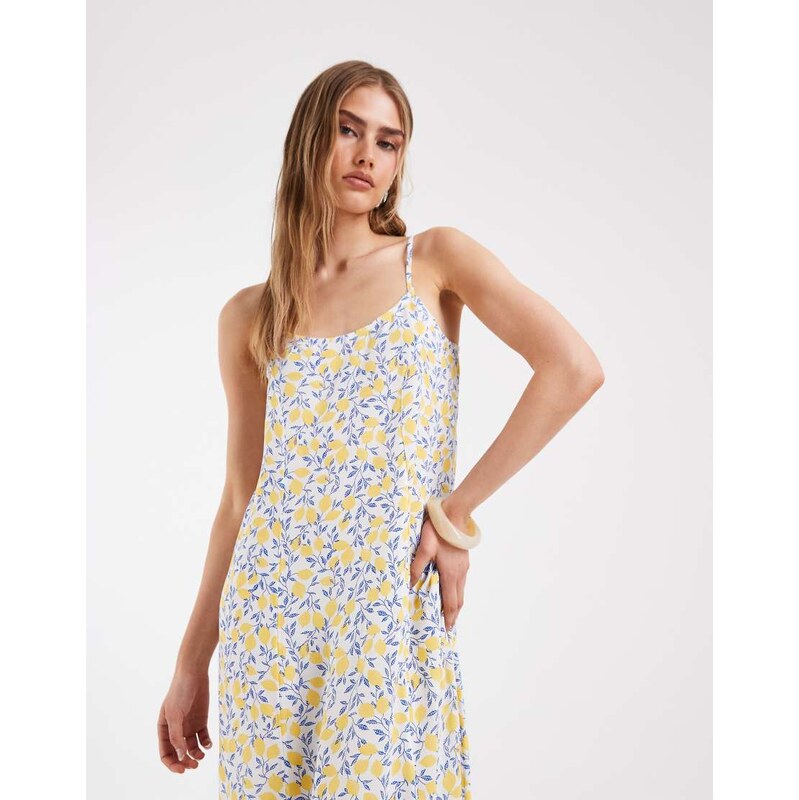 Pieces woven cami maxi dress in blue and yellow lemon print 115715821